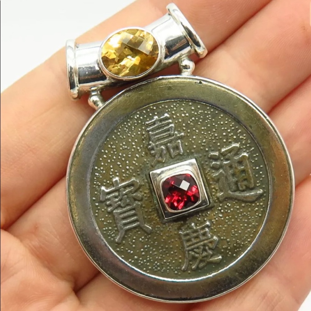 SAJEN Citrine & Garnet Chinese Coin Slide Pendant